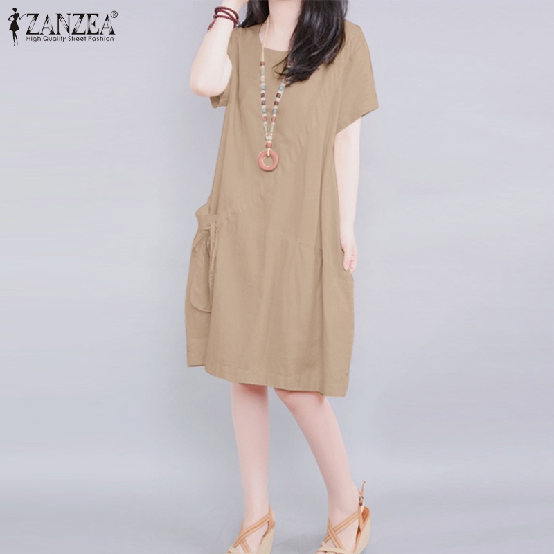 Đầm midi ZANZEA tay ngắn cổ tròn có túi dây rút thời trang cho nữ