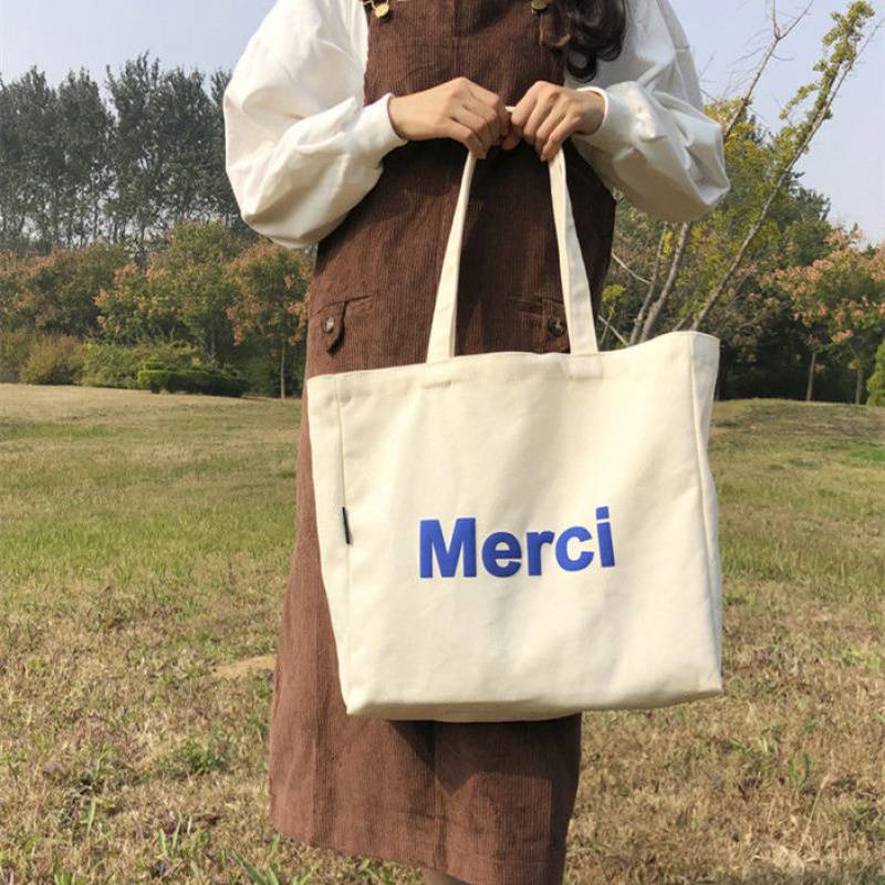 Túi Tote Vải Canvas Nữ Merci phong cách Ulzzang Có Khóa Kéo chất liệu dày dặn