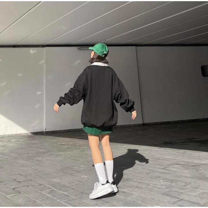 Áo Sweater Cổ Bẻ Crispus Tay Bồng Nữ Meeny- Nỉ Form Rộng Polo Dài Tay Polo Dáng Ullzang Cá Tính
