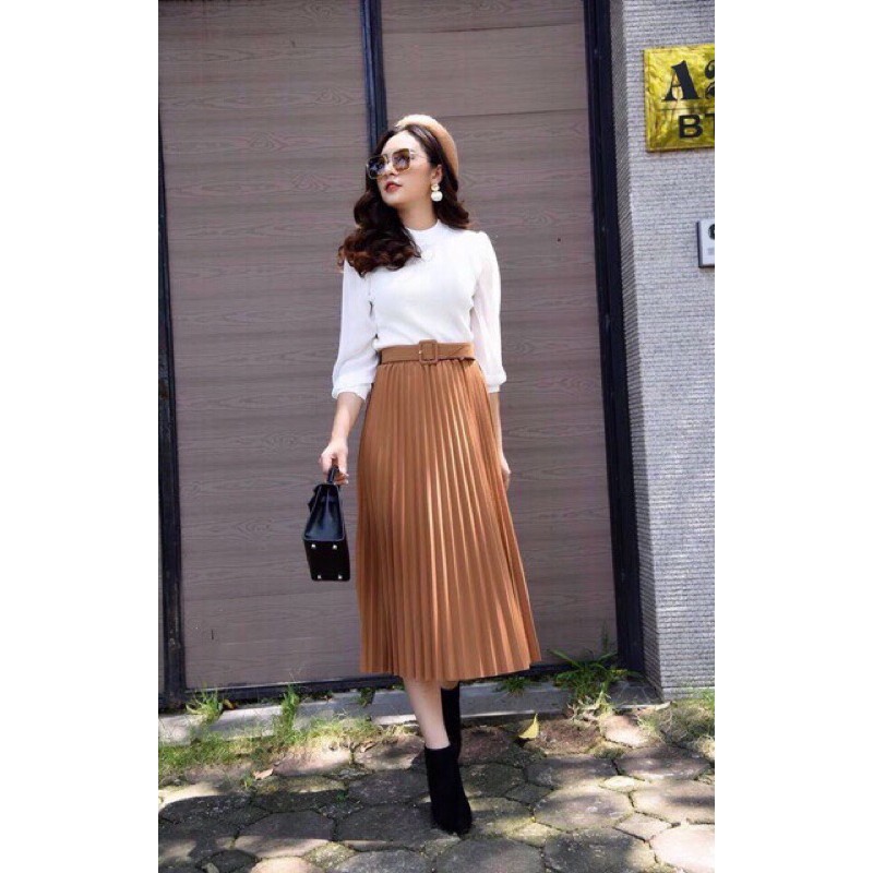 Chân váy xếp ly dáng dài 75cm kèm belt đủ màu có video