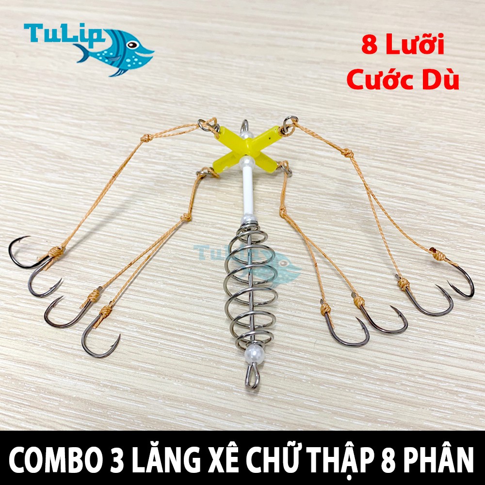 Combo 3 Lăng Xê Chữ Thập 8 Phân, 8 Lưỡi Cước Dù - Lăng Xê Câu Cá, Lưỡi Câu Lăng Xê Sắc Bén