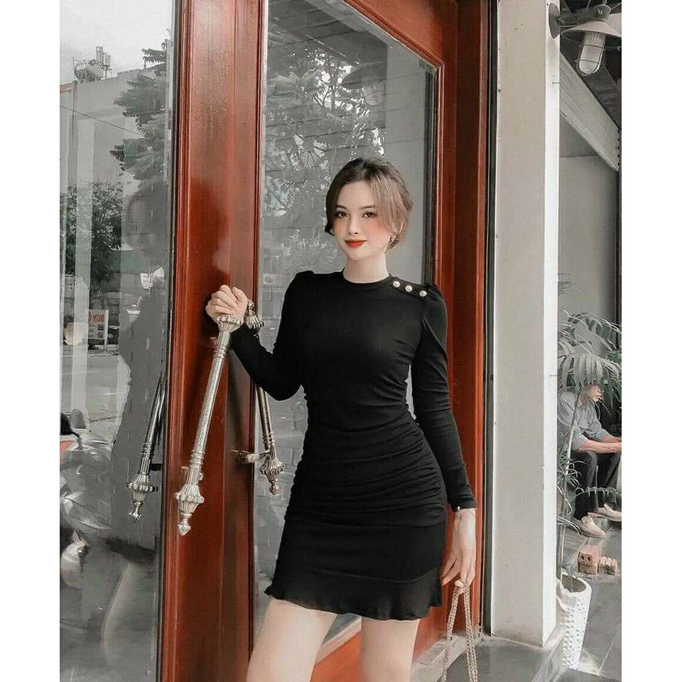 Đầm body đuôi cá tay dài cổ tròn với thiết kế dáng ôm nút vai siêu xinh thời trang,  ĐẦM BODY NÚT VAI ĐUÔI CÁ