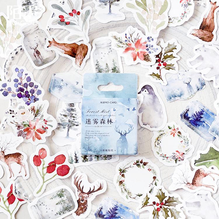 Set 46 miếng giấy dán họa tiết rừng sương mù xinh xắn để trang trí