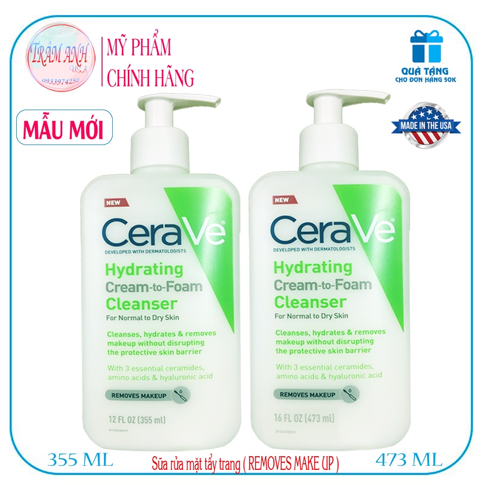 Sửa rửa mặt tẩy trang dịu nhẹ CeraVe Hydrating Cream To Foam Cleanser 355ml / 473ml USA