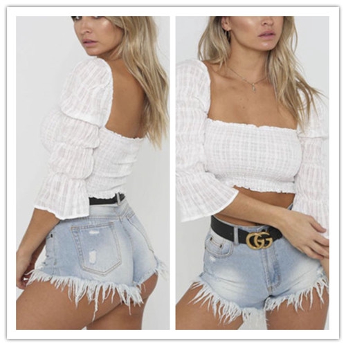 Áo crop top không dây viền 2 tay áo lửng kiểu dáng quyến rũ cho nữ