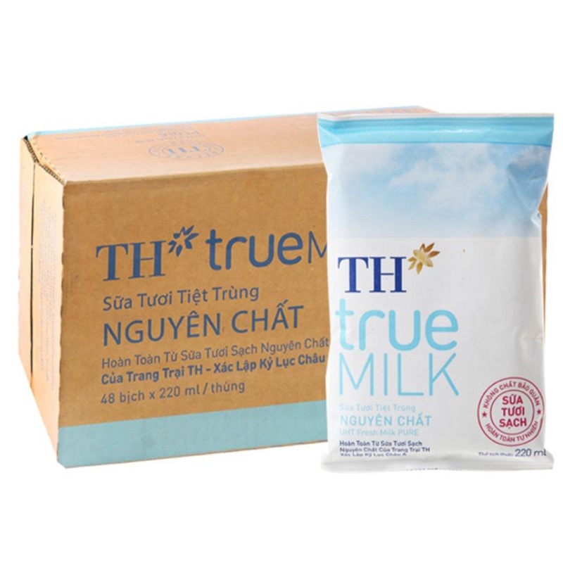 Sữa tươi TH True Milk 220 mlx48 bịch ( Có Đường / Ít Đường / Nguyên Chất )