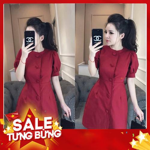 ĐẦM ĐỎ PHỐI NÚT NHÚNG K019 - SHOP RUBY (Hàng may thiết kế ,ảnh thật shop tự chụp)