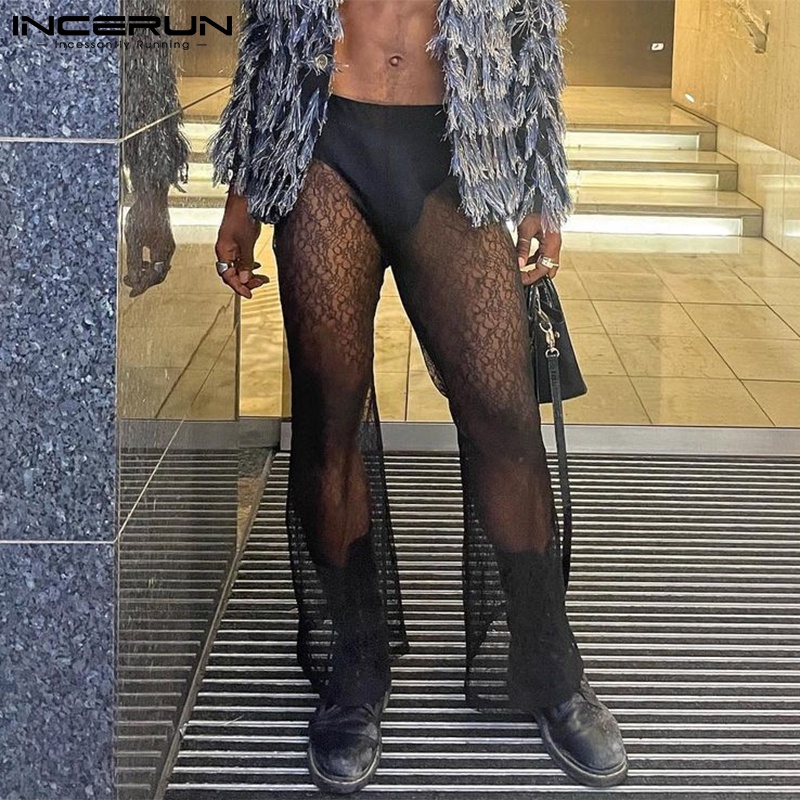 Quần dài INCERUN ống rộng lưng thun phối ren nhìn thấu phong cách gợi cảm cho nam