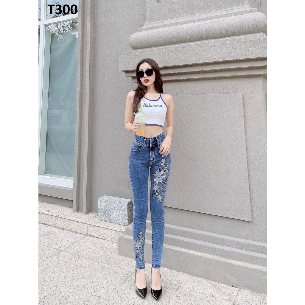 Quần jean nữ thêu hoa co giãn T300