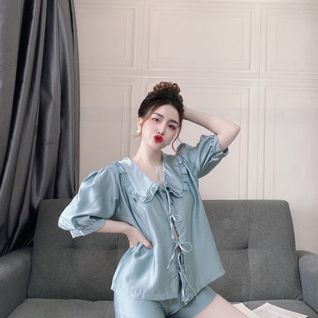 Đồ Bộ Tiểu Thư Mặc Nhà Chất Vải Satin Lụa Cao Cấp Cột Dây Nút - DOMIN | BigBuy360 - bigbuy360.vn