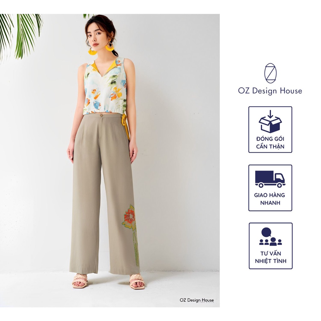 Quần ống rộng công sở OZ Design House QU85221XHE21 xanh rêu nhạt túi chéo chất liệu cotton thoáng mát