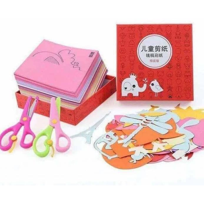 Bộ cắt giấy thủ công gồm 240 hình in sẵn nhiều màu và 2 kéo cắt