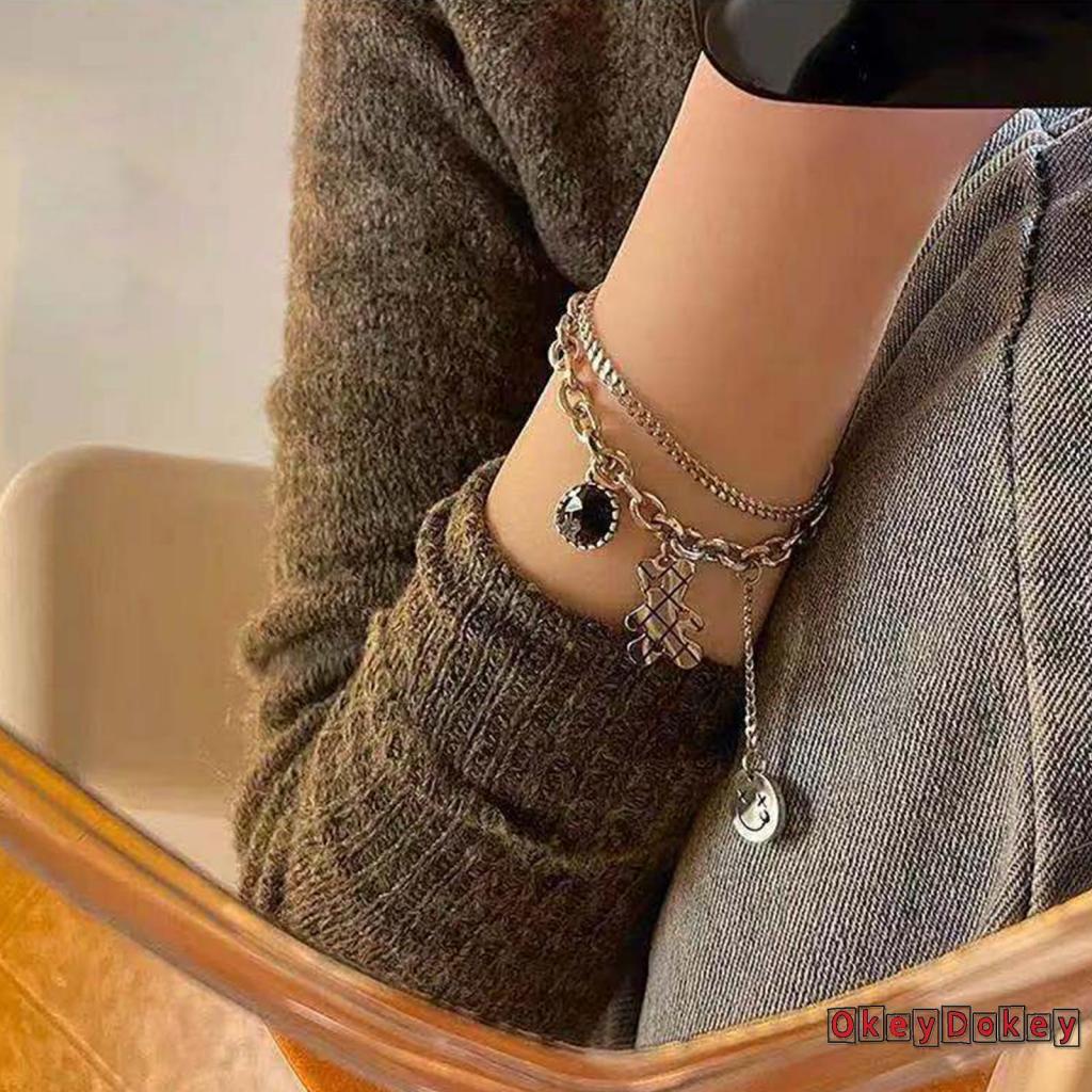 Dây chuyền dáng ngắn hai lớp mặt hình gấu hoạt hình và mặt cười phong cách đơn giản thời trang dành cho nữ