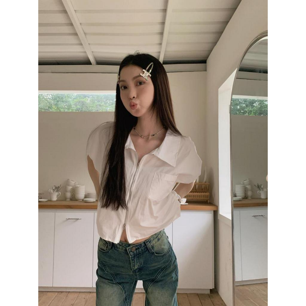 Áo Sơ Mi Cổ Mép Lật Ngắn Tay Phối Khóa Kéo Đôi Thời Trang Hàn Quốc 63423