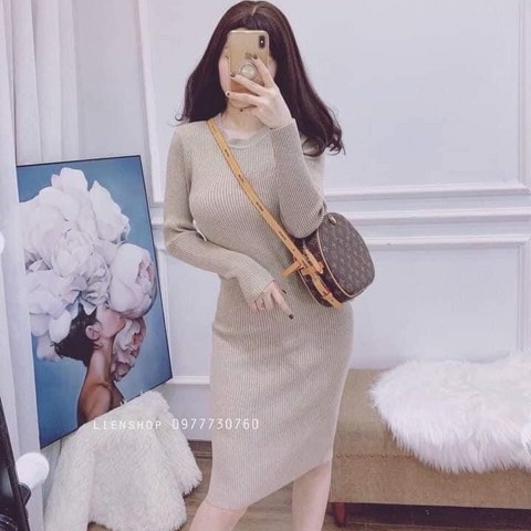 váy dài tay body cổ tròn chất cotton tăm 3 màu