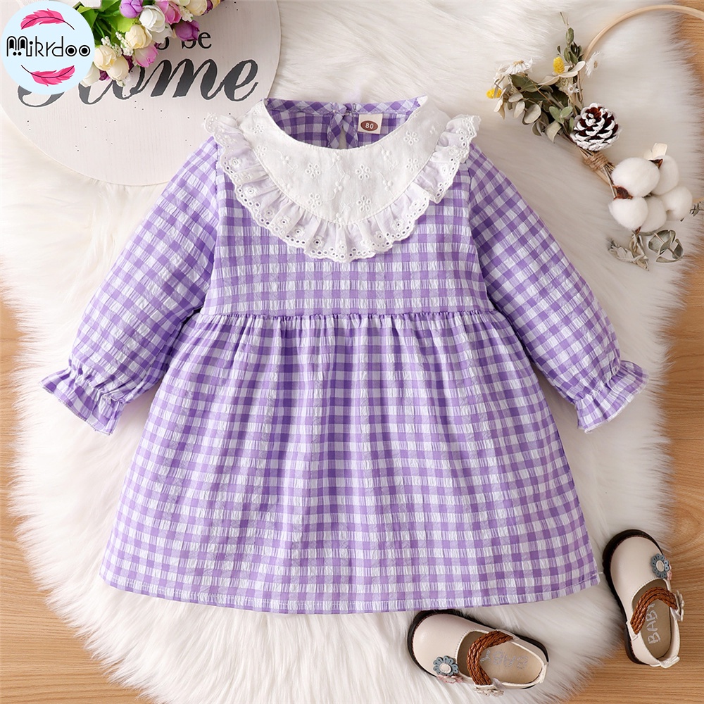 Đầm MIKRDOO tay dài phối cổ ren họa tiết kẻ sọc caro phong cách Pháp đáng yêu cho bé gái