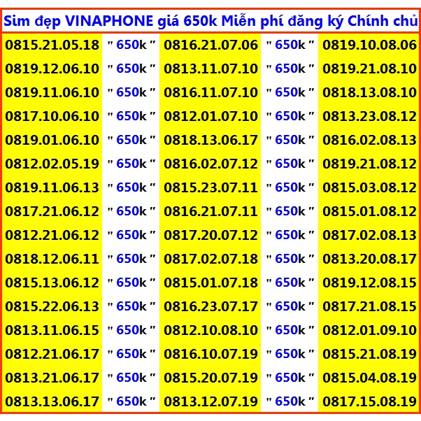 Sim Đẹp VINAPHONE 650k/sim Miễn phí đăng ký chính chủ Được nhiều Ưu Đãi Của VinaPhone