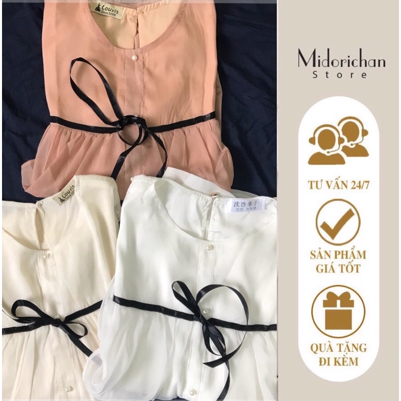 Áo sơ mi nữ bánh bèo kiểu thắt nơ vải voan 2 lớp Loại 1 Hàn Quốc tiểu thư dễ thương Midorichan