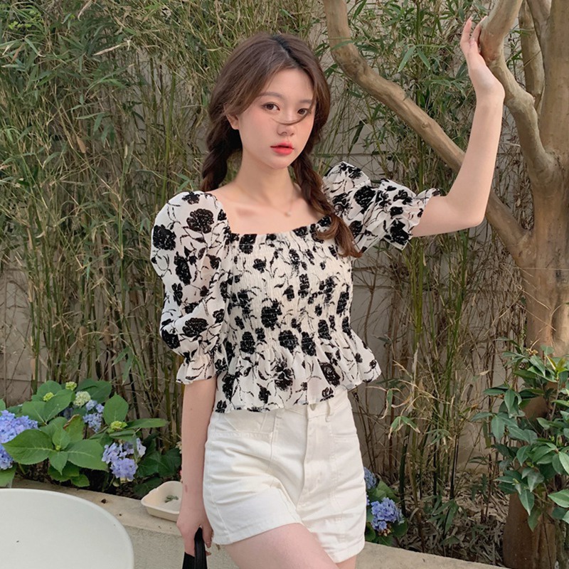 Áo Kiểu Tay Phồng Ngắn Cổ Vuông Dáng Ôm Thời Trang Mùa Hè Xinh Xắn Cho Nữ