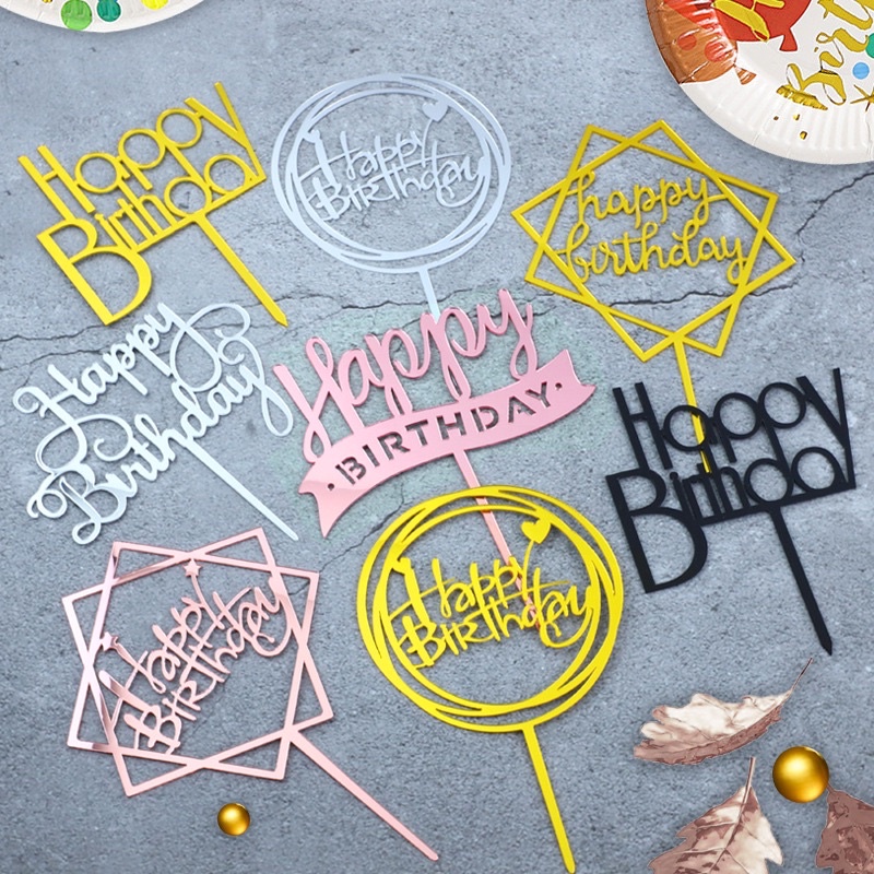 Que, thẻ Mica Happy Birthday, que cắm meca, topper cake, topper cắm bánh kem, bánh sinh nhật