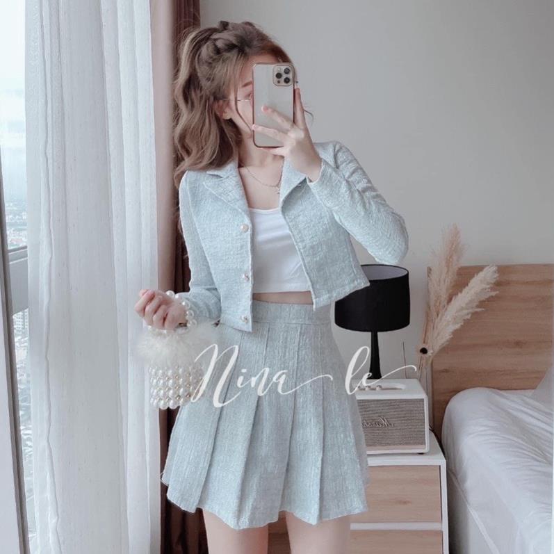 Set dạ TWEET 2 chi tiết xanh ngọc hàng thiết kế kiểu vest crotop kèm chân váy BM