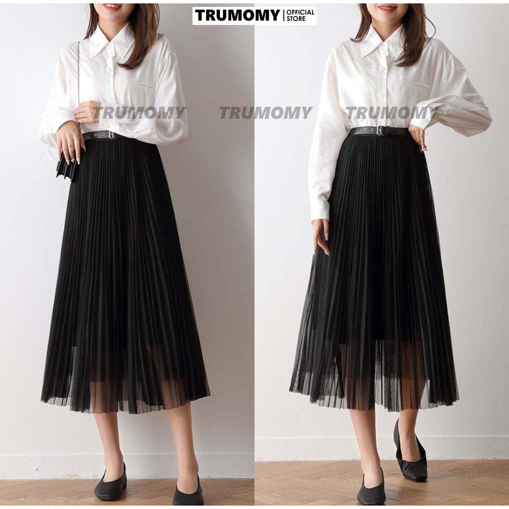 Chân váy xếp ly dáng A xòe dài midi kèm đai Quảng Châu công sở - Trumomy (CV10)