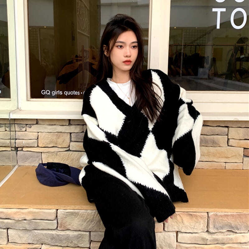 Áo sweater dệt kim dày cổ chữ v dáng rộng tay dài phong cách Hàn Quốc thời trang mùa thu mới 2021