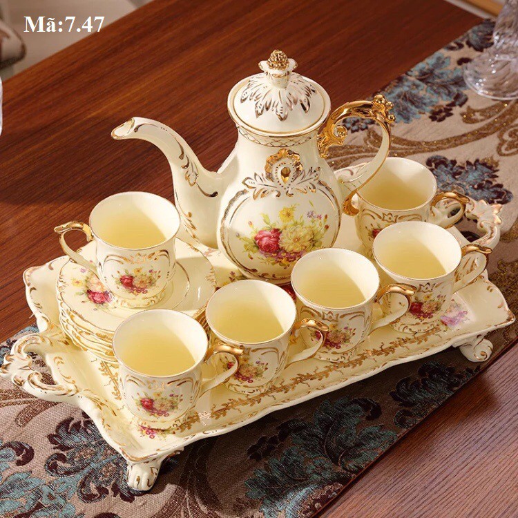 [CÓ SẴN] Bộ ấm trà kèm khay sứ cao cấp họa tiết hoa phù dung, set bàn trà đẹp bày phòng khách 7.47