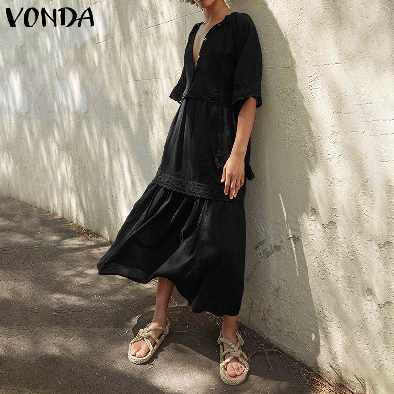 Đầm Cotton Linen VONDA Dáng Rộng Tay Lửng Phối Nút Thời Trang Cho Nữ | BigBuy360 - bigbuy360.vn