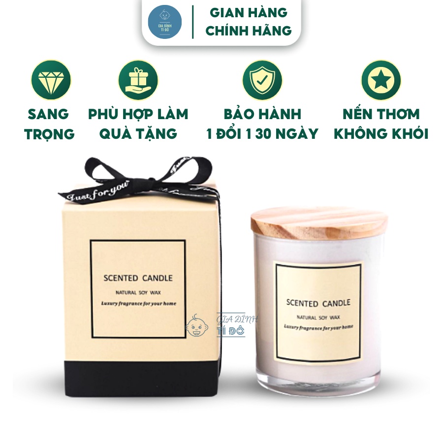 Nến Thơm Tinh Dầu Cao Cấp Không Khói An Toàn Candle Cup Cốc Thủy Tinh Màu Kem Nắp Gỗ Sang Trọng