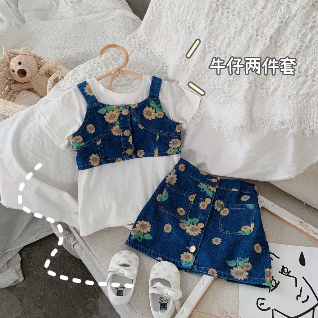 Bộ áo Denim + chân váy thiết kế mới thời trang mùa hè theo phong cách Hàn Quốc cho bé gái