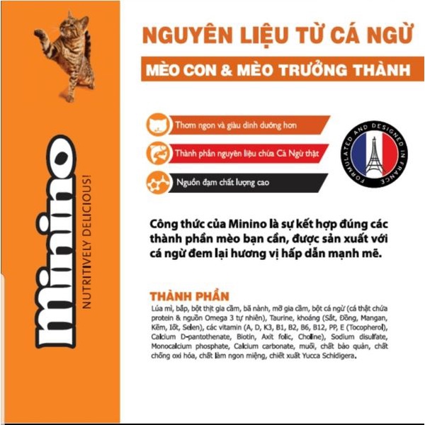 Hạt cho mèo Minino vị Cá ngừ, Hạt cho mèo từ 2 tháng tuổi trở lên túi 480gr