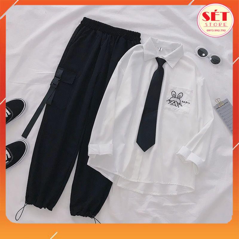 Áo sơ mi trắng Nam nữ dài tay Hàn Quốc in Thỏ -SM126 | BigBuy360 - bigbuy360.vn