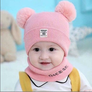 Mũ len 2 quả bông kèm khăn ống cổ mã JC60 cho bé đến 3 tuổi....