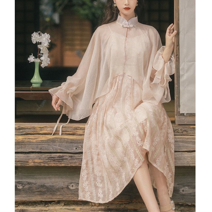 ✥❦ஐNguyên bản của Cộng hòa Trung Hoa váy nhỏ hai mảnh siêu cổ tích retro cải tiến Hanfu với dây đeo thêu thanh lị