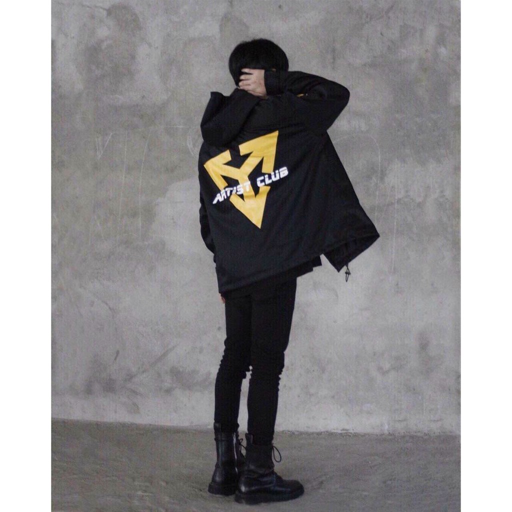 Áo khoác dù in hình ARTIST CLUB dành cho cặp đôi cho nam nữ có mũ, jacket form rộng màu đen unisex ulzzang 123SHOP