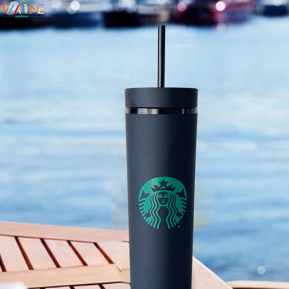 Bình nước Starbucks màu đen 500ml có ống hút và tay cầm thoải mái