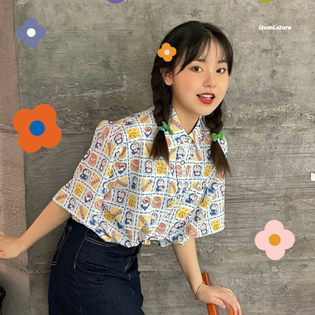 Áo sơ mi nữ form rộng unisex hoạt hình tuổi thơ doremon