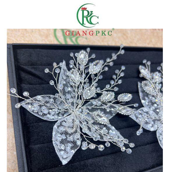 Cài tóc cô dâu tháng 10-2022 hoa voan đôi đính đá tua rua các tiệm áo cưới hay dùng Giangpkc  Phụ kiện cưới Giang