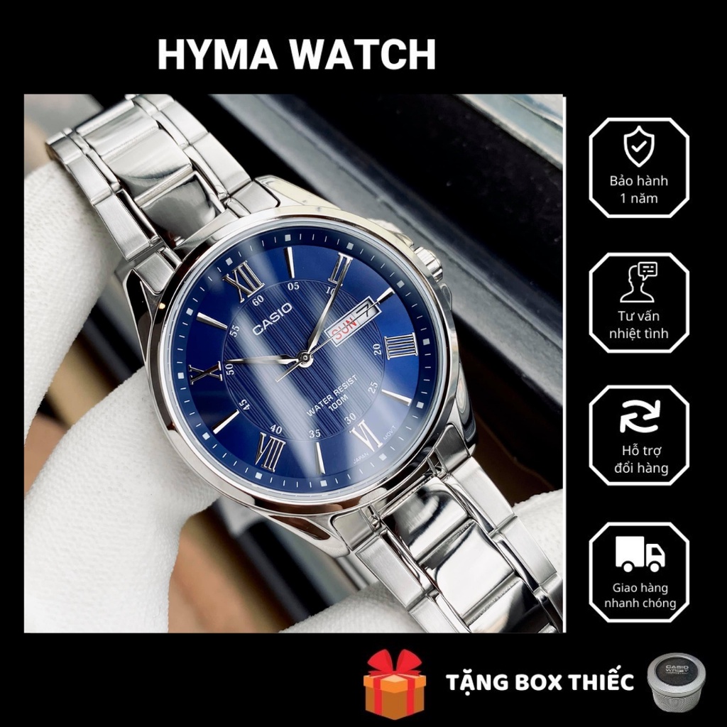 Đồng hồ nam dây thép sang trọng Casio MTP 1384D-2AV Mặt xanh Size 41mm chống nước 10ATM Bảo hành 1 năm Hyma watch