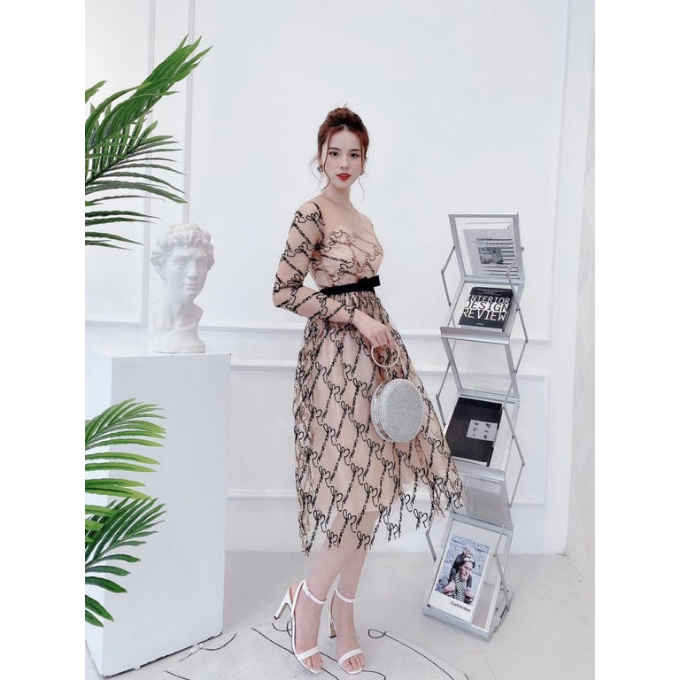 (FREE SHIP) ĐẦM LƯỚI TAY DÀI DÁNG XÒE DỰ TIỆC SANG CHẢNH HHP