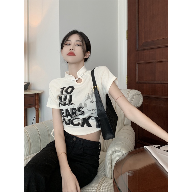 QKOOLE  Áo Thun Croptop Tay Ngắn Phối Dây Rút In Họa Tiết Kiểu Hàn Quốc Xinh Xắn Cho Nữ