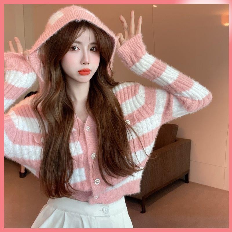 áo khoác croptop nữ bigsize cardigan croptop áo croptop cổ lọ Áo Khoác Cardigan Dệt Kim Tay Dài Có Mũ Trùm Họa Tiết Kẻ Sọc Phong Cách Phương Tây Thời Trang Mùa Xuân Mới 2022 Cho Nữ