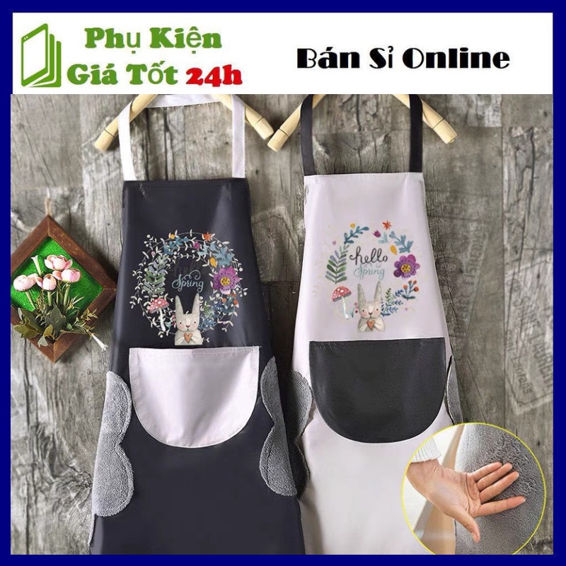 Tạp dề chống thấm nước họa tiết thỏ dễ thương tiện lợi - có túi lớn phong cách Hàn
