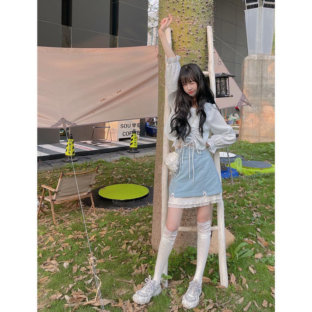 COZOK Chân Váy Lưng Cao Phối Nơ Xinh Xắn Dành Cho Nữ