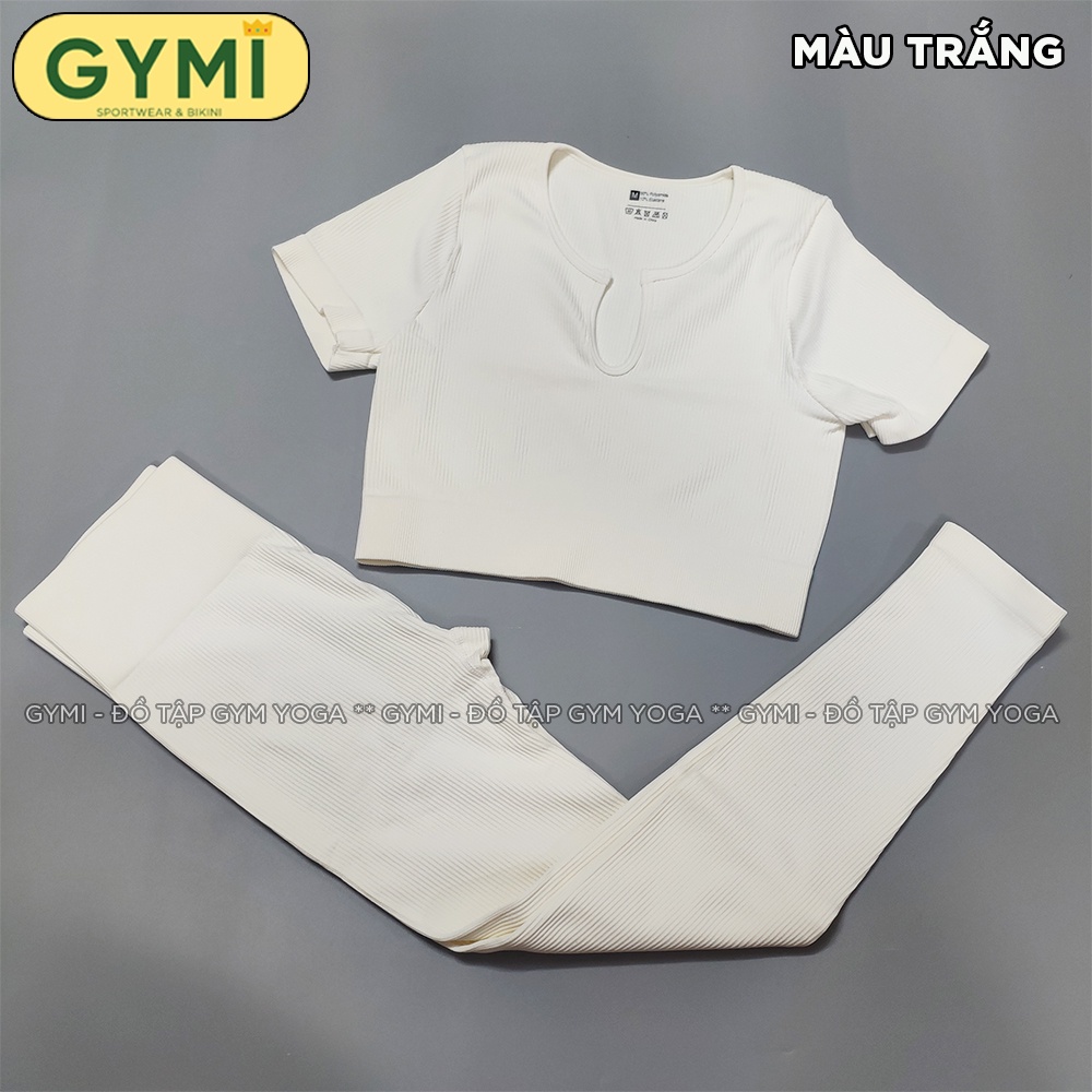 Set bộ đồ tập gym yoga nữ GYMI SET15 gồm áo croptop ngắn tay và quần legging dài thể thao chất dệt thun gân cao cấp