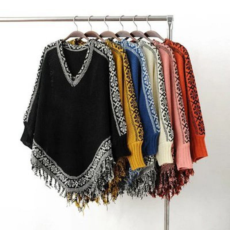 Women's shawl jacket 2019 autumn and winter new tassel cloak v-neck sweater sweater plus size bat sleeve top