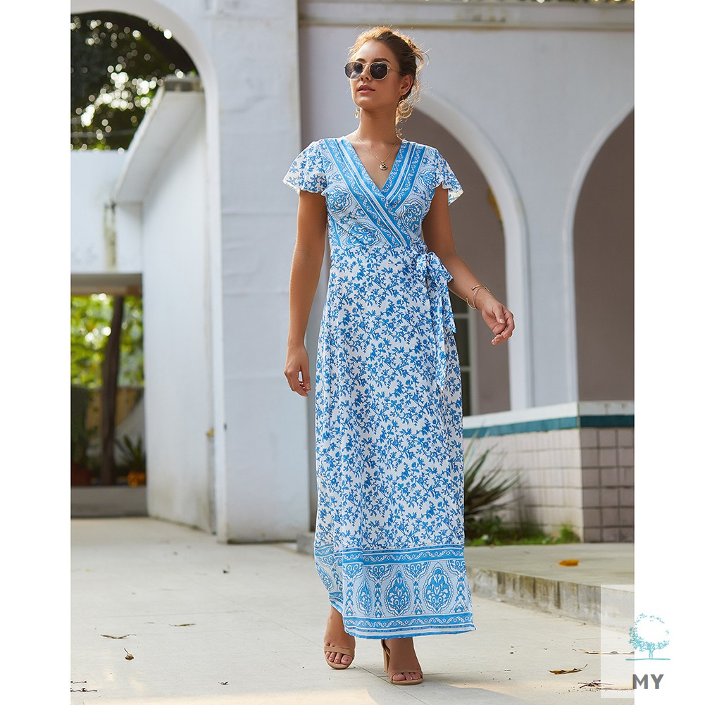 Đầm Dài Tay Ngắn Cổ Chữ V In Họa Tiết Hoa Phong Cách Boho Thời Trang Cho Nữ | BigBuy360 - bigbuy360.vn