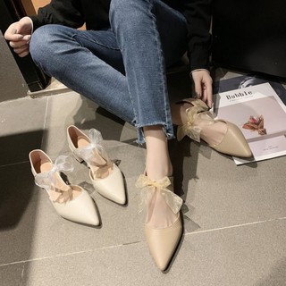 Giày gót vuông mũi nhọn cột nơ phong cách tiểu thư