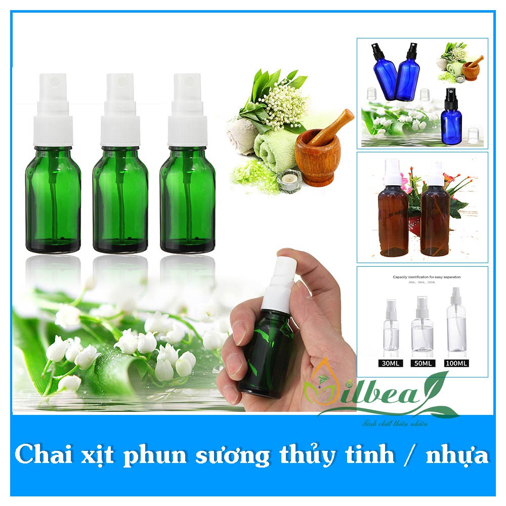 Chai xịt phun sương thủy tinh, nhựa dung tích 10ml, 20ml, 30ml, 50ml, 100ml tự chọn